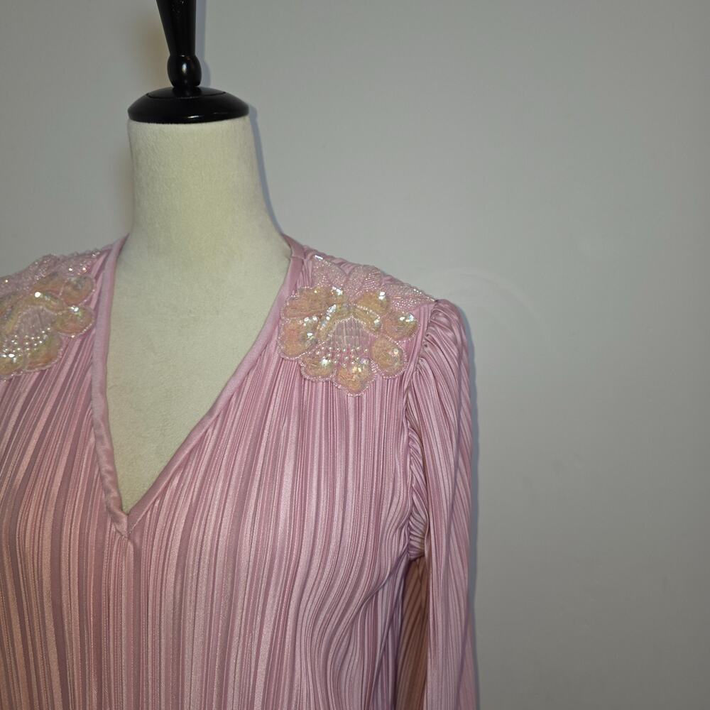 Vintage Pink Mini Accordion Pleat Overlay Dress Size L Long Sleeve Boho Modest - Picture 4 of 9